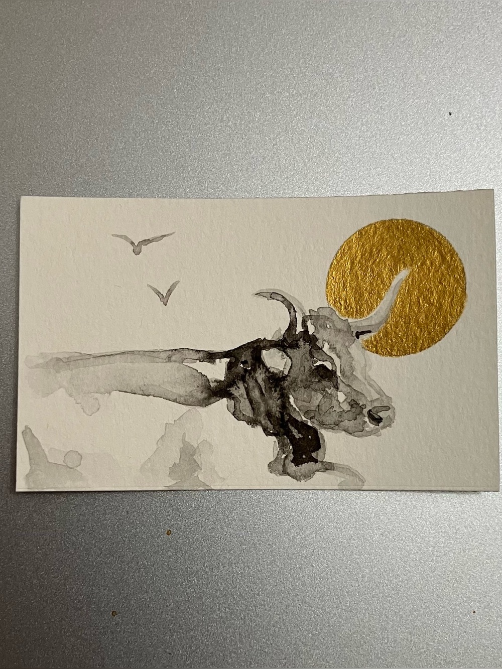 Original cow miniature realism painting sumi-e style art farm gold accents USA